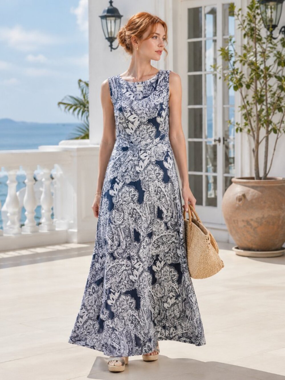 Soma Blue White Paisley Stretch Maxi Dress Sleeveless Resort Boho Size S Coastal